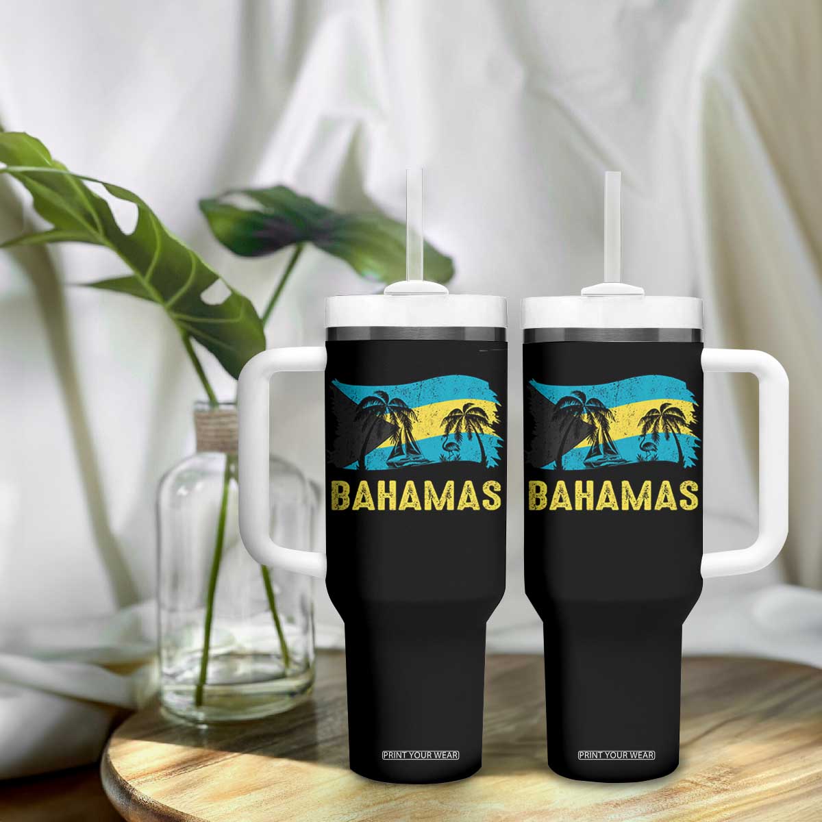Bahamas Flag Tumbler With Handle Tropical Island Palm Trees Bahamian Gifts TS10 Print Your Wear