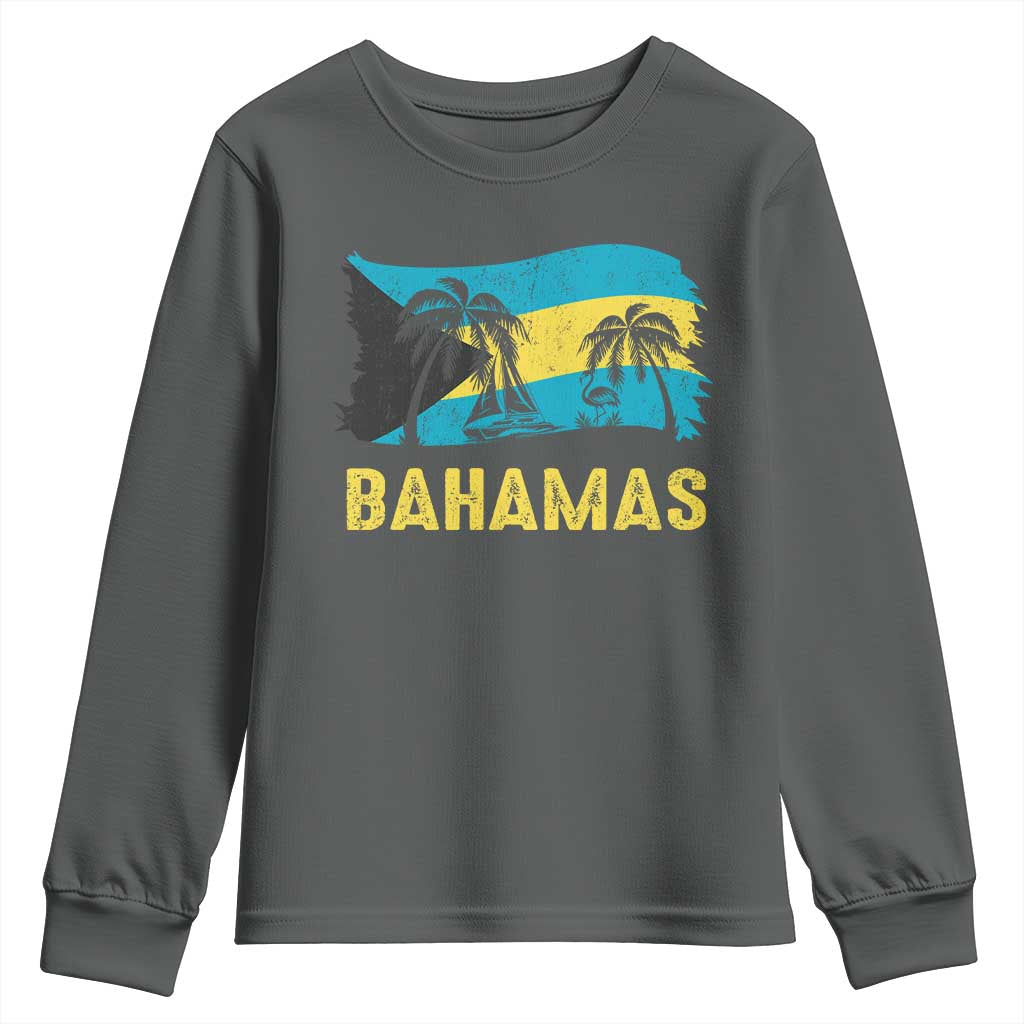 Bahamas Flag Youth Sweatshirt Tropical Island Palm Trees Bahamian Gifts TS10 Dark Heather Print Your Wear
