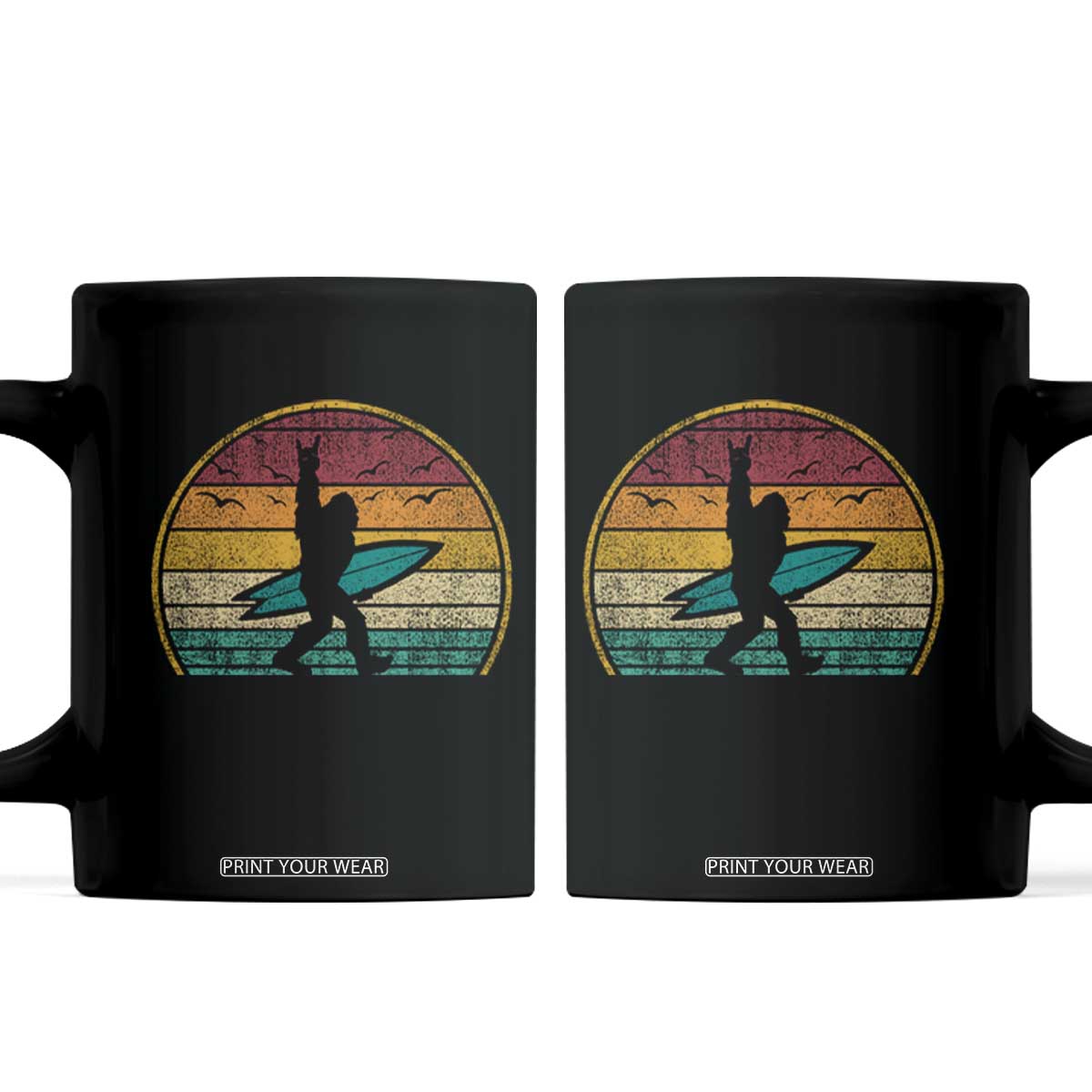 Vintage Bigfoot Surfing Coffee Mug Sasquatch Beach Vacation Retro Surf Sun Shaka TS10 Black Print Your Wear
