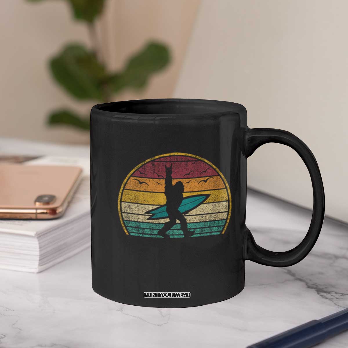 Vintage Bigfoot Surfing Coffee Mug Sasquatch Beach Vacation Retro Surf Sun Shaka TS10 Print Your Wear