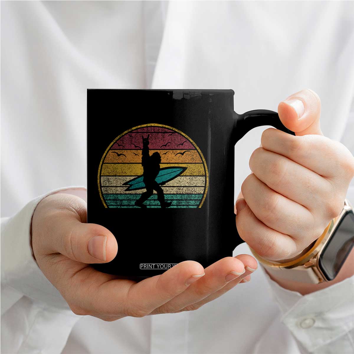 Vintage Bigfoot Surfing Coffee Mug Sasquatch Beach Vacation Retro Surf Sun Shaka TS10 Print Your Wear
