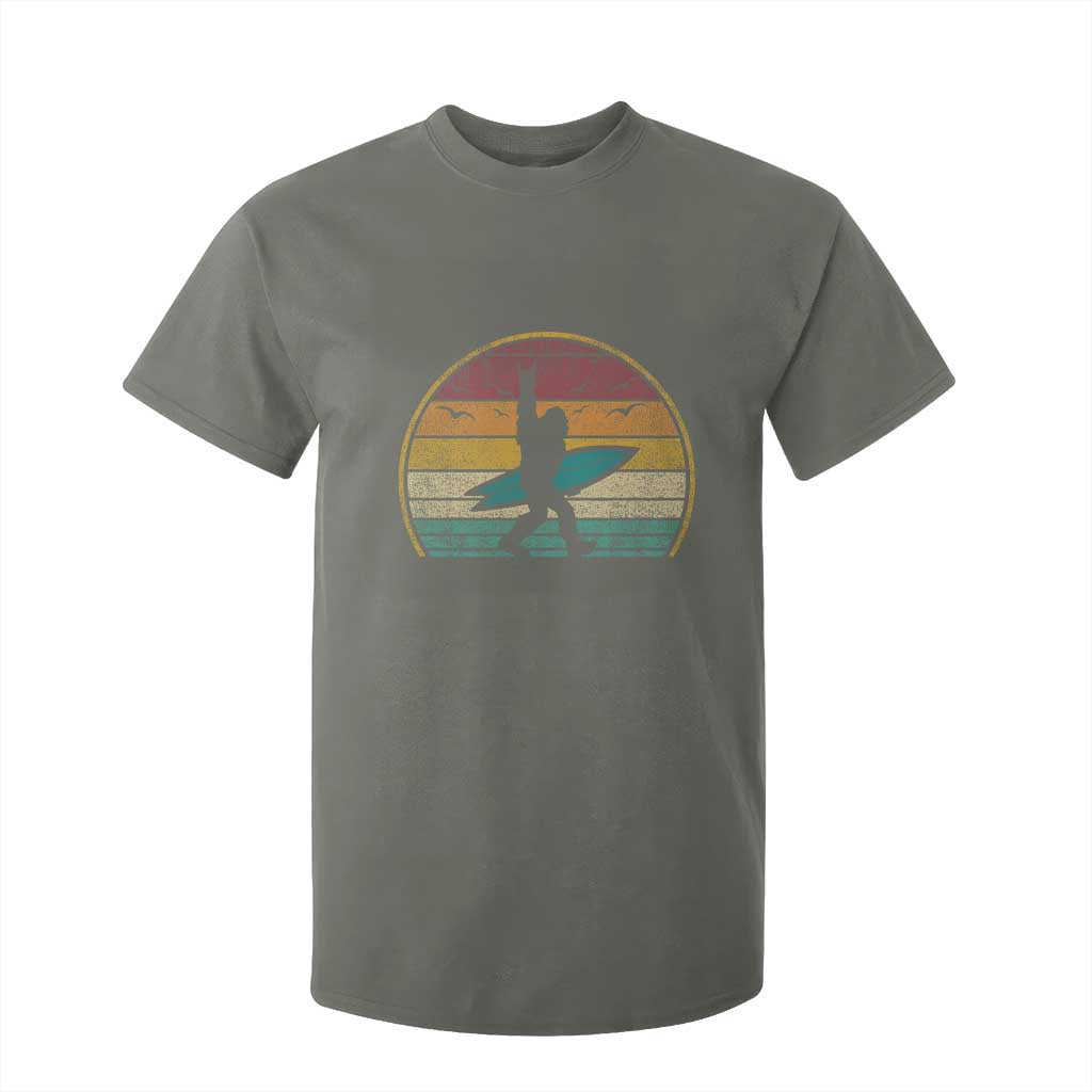 Vintage Bigfoot Surfing T Shirt For Kid Sasquatch Beach Vacation Retro Surf Sun Shaka TS10 Military Green Print Your Wear