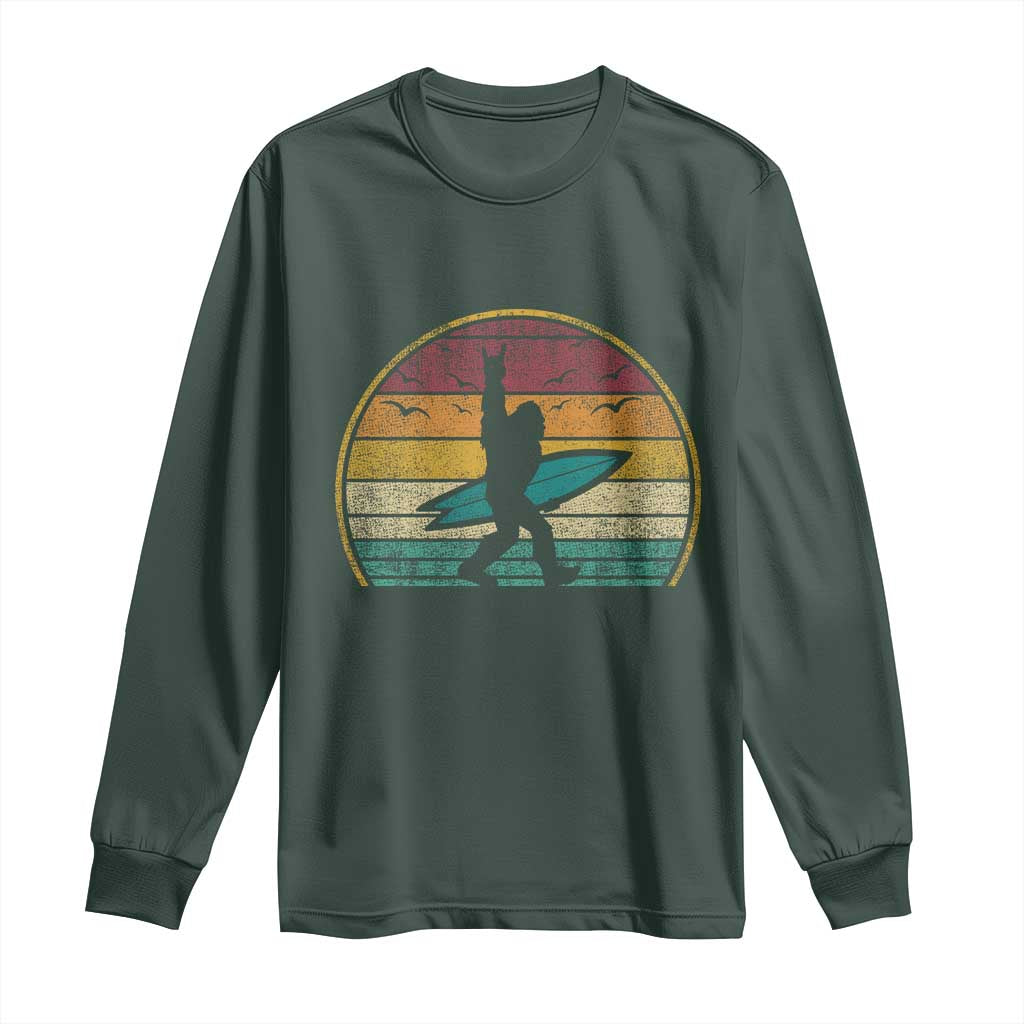 Vintage Bigfoot Surfing Long Sleeve Shirt Sasquatch Beach Vacation Retro Surf Sun Shaka TS10 Dark Forest Green Print Your Wear