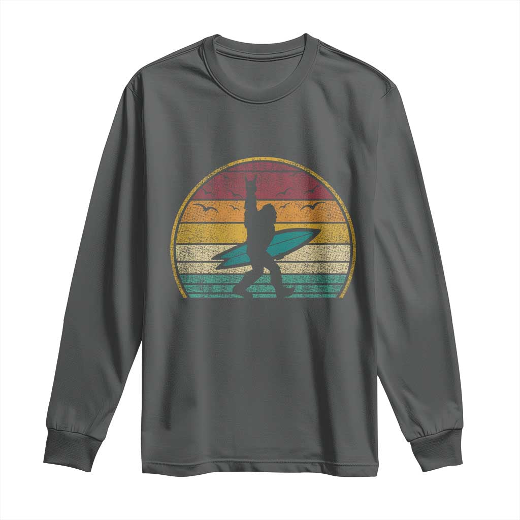Vintage Bigfoot Surfing Long Sleeve Shirt Sasquatch Beach Vacation Retro Surf Sun Shaka TS10 Dark Heather Print Your Wear