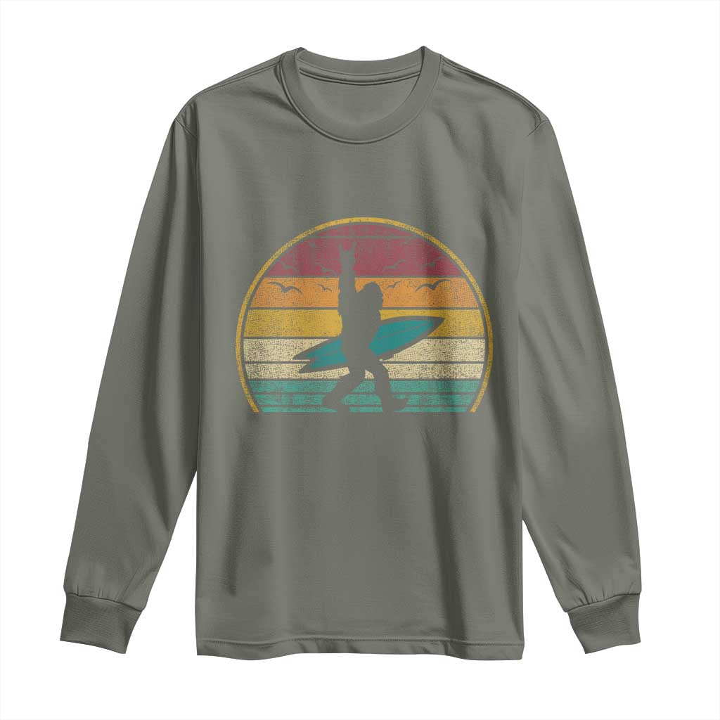 Vintage Bigfoot Surfing Long Sleeve Shirt Sasquatch Beach Vacation Retro Surf Sun Shaka TS10 Military Green Print Your Wear