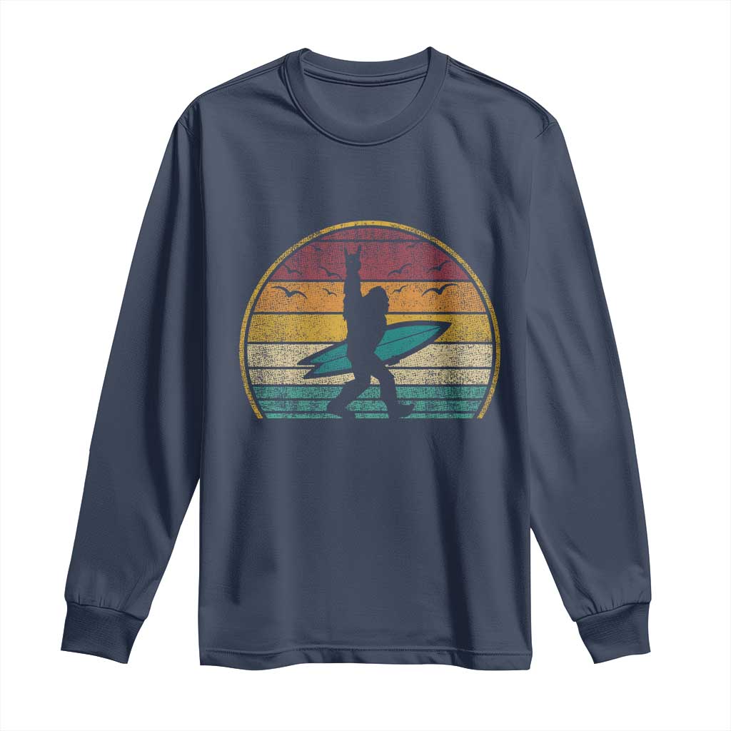 Vintage Bigfoot Surfing Long Sleeve Shirt Sasquatch Beach Vacation Retro Surf Sun Shaka TS10 Navy Print Your Wear