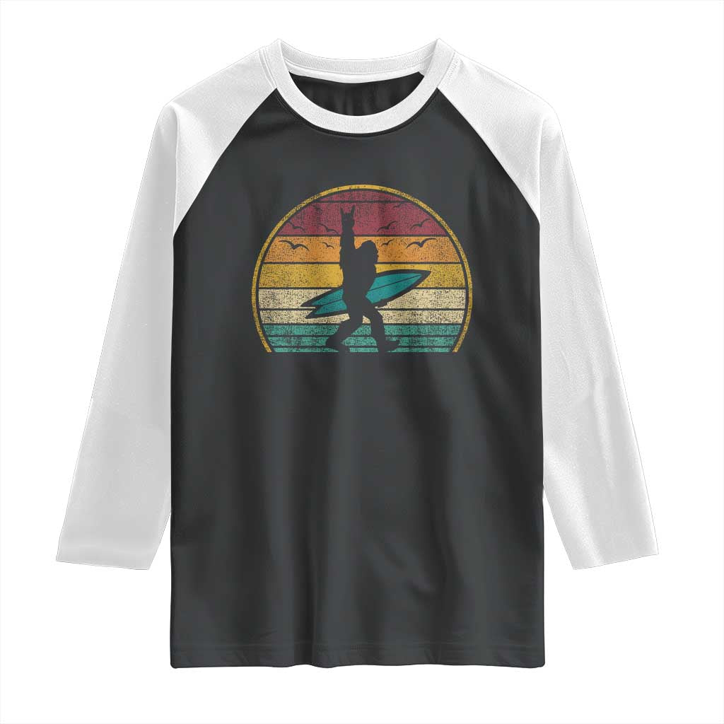 Vintage Bigfoot Surfing Raglan Shirt Sasquatch Beach Vacation Retro Surf Sun Shaka TS10 Black White Print Your Wear