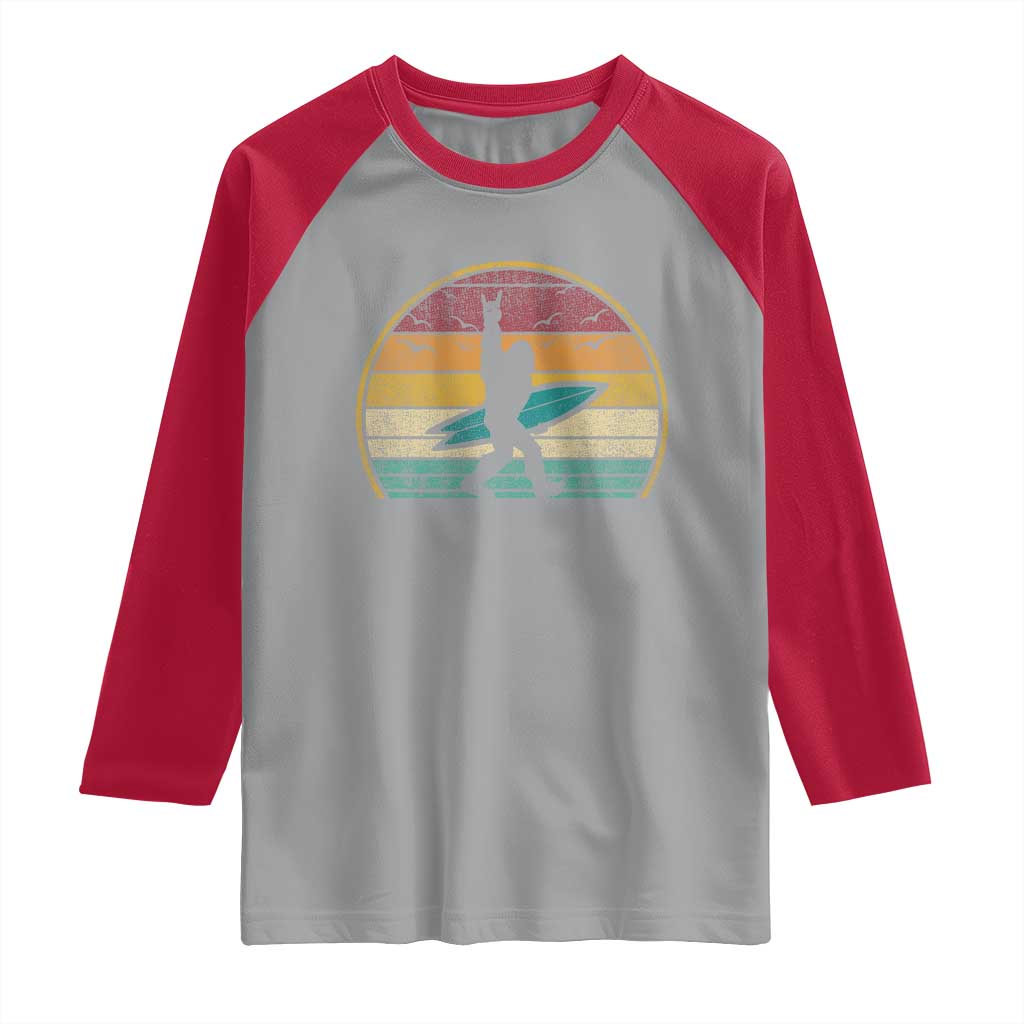 Vintage Bigfoot Surfing Raglan Shirt Sasquatch Beach Vacation Retro Surf Sun Shaka TS10 Sport Gray Red Print Your Wear