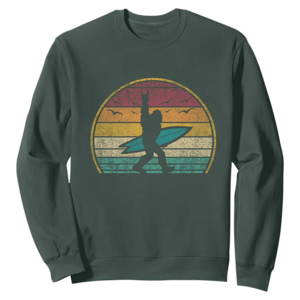 Vintage Bigfoot Surfing Sweatshirt Sasquatch Beach Vacation Retro Surf Sun Shaka TS10 Dark Forest Green Print Your Wear
