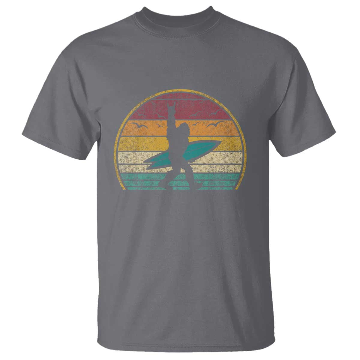 Vintage Bigfoot Surfing T Shirt Sasquatch Beach Vacation Retro Surf Sun Shaka TS10 Charcoal Print Your Wear