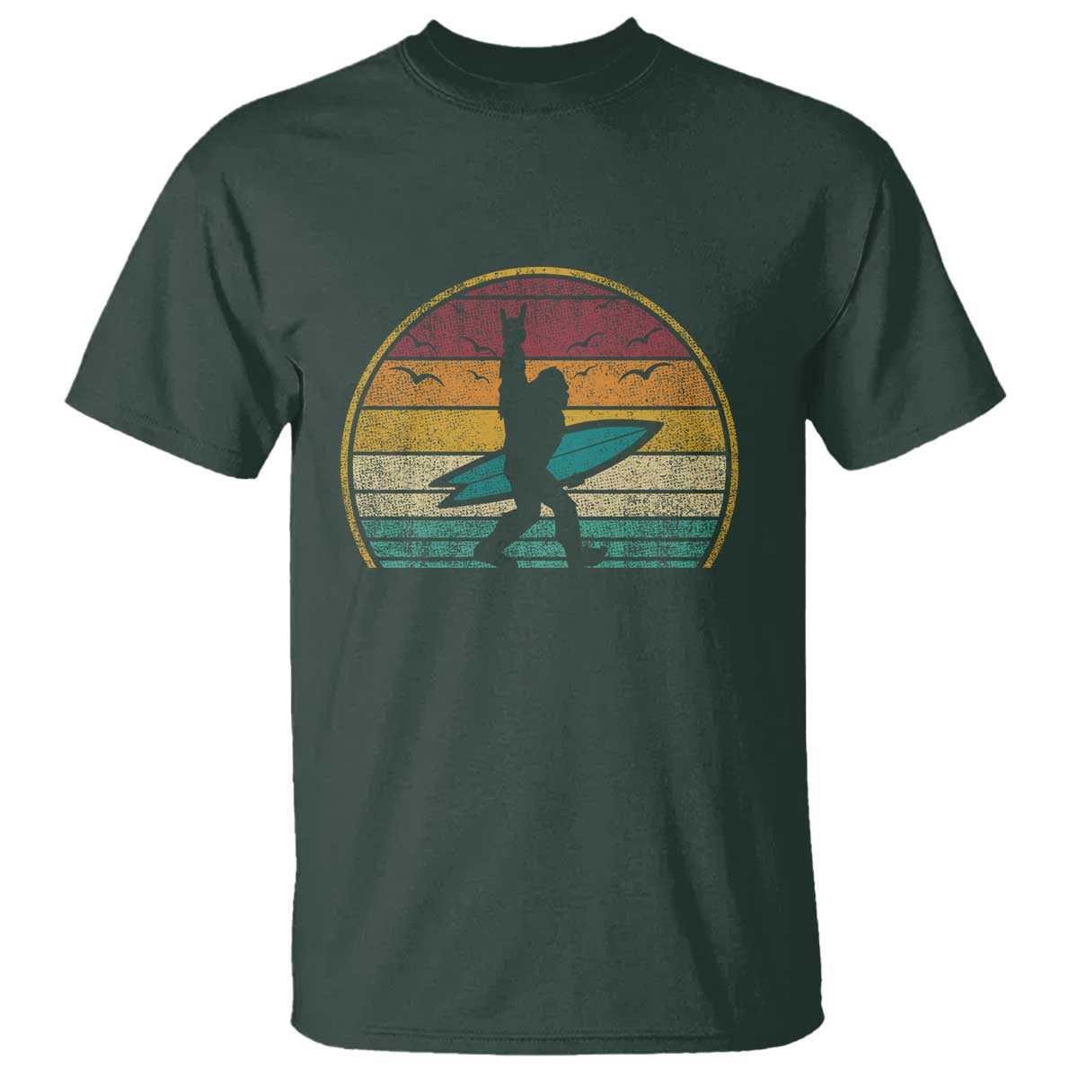 Vintage Bigfoot Surfing T Shirt Sasquatch Beach Vacation Retro Surf Sun Shaka TS10 Dark Forest Green Print Your Wear