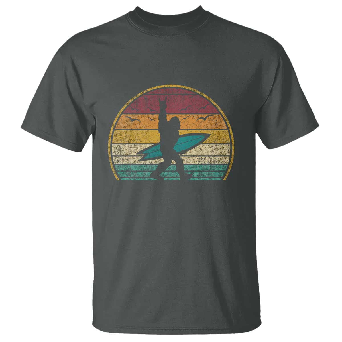 Vintage Bigfoot Surfing T Shirt Sasquatch Beach Vacation Retro Surf Sun Shaka TS10 Dark Heather Print Your Wear