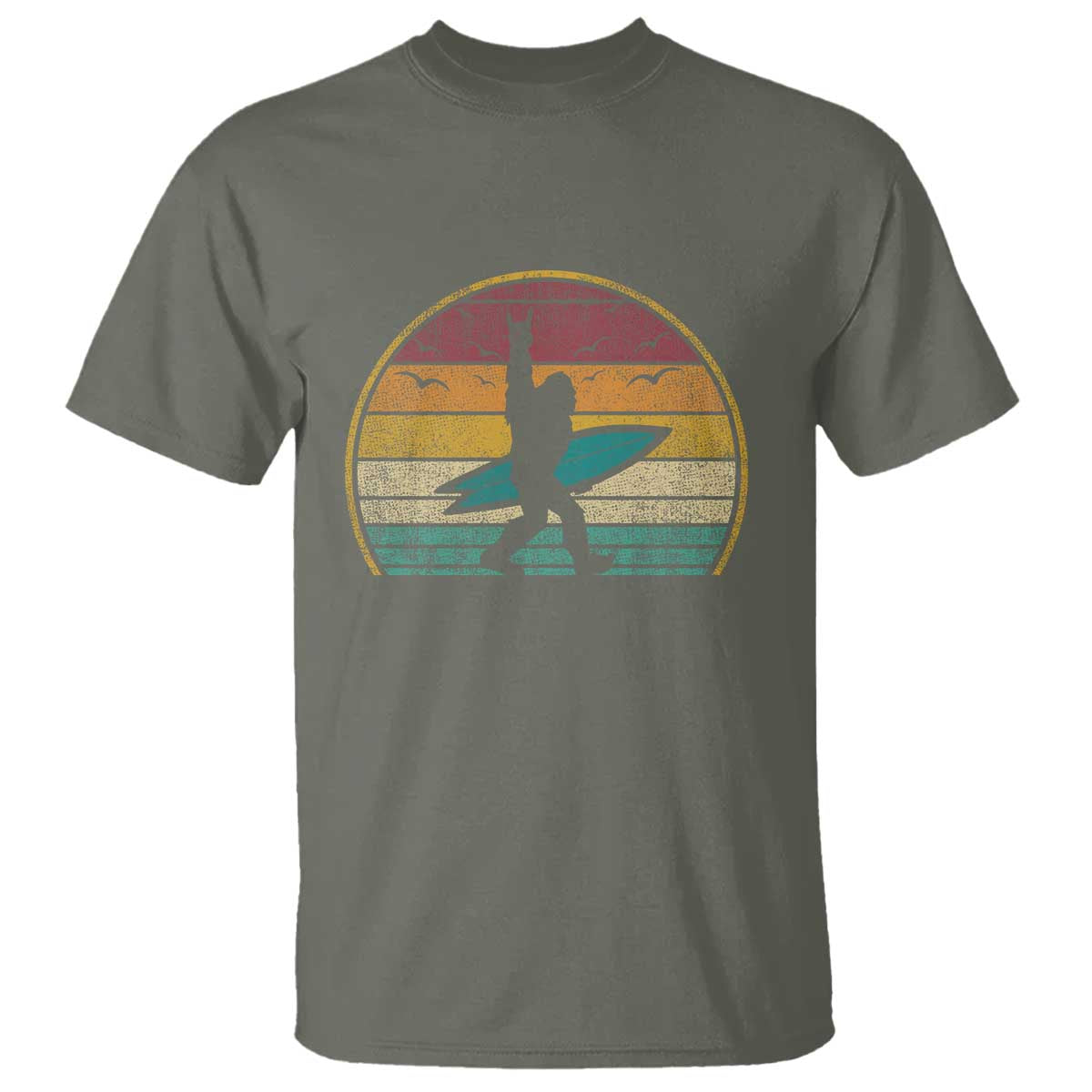 Vintage Bigfoot Surfing T Shirt Sasquatch Beach Vacation Retro Surf Sun Shaka TS10 Military Green Print Your Wear