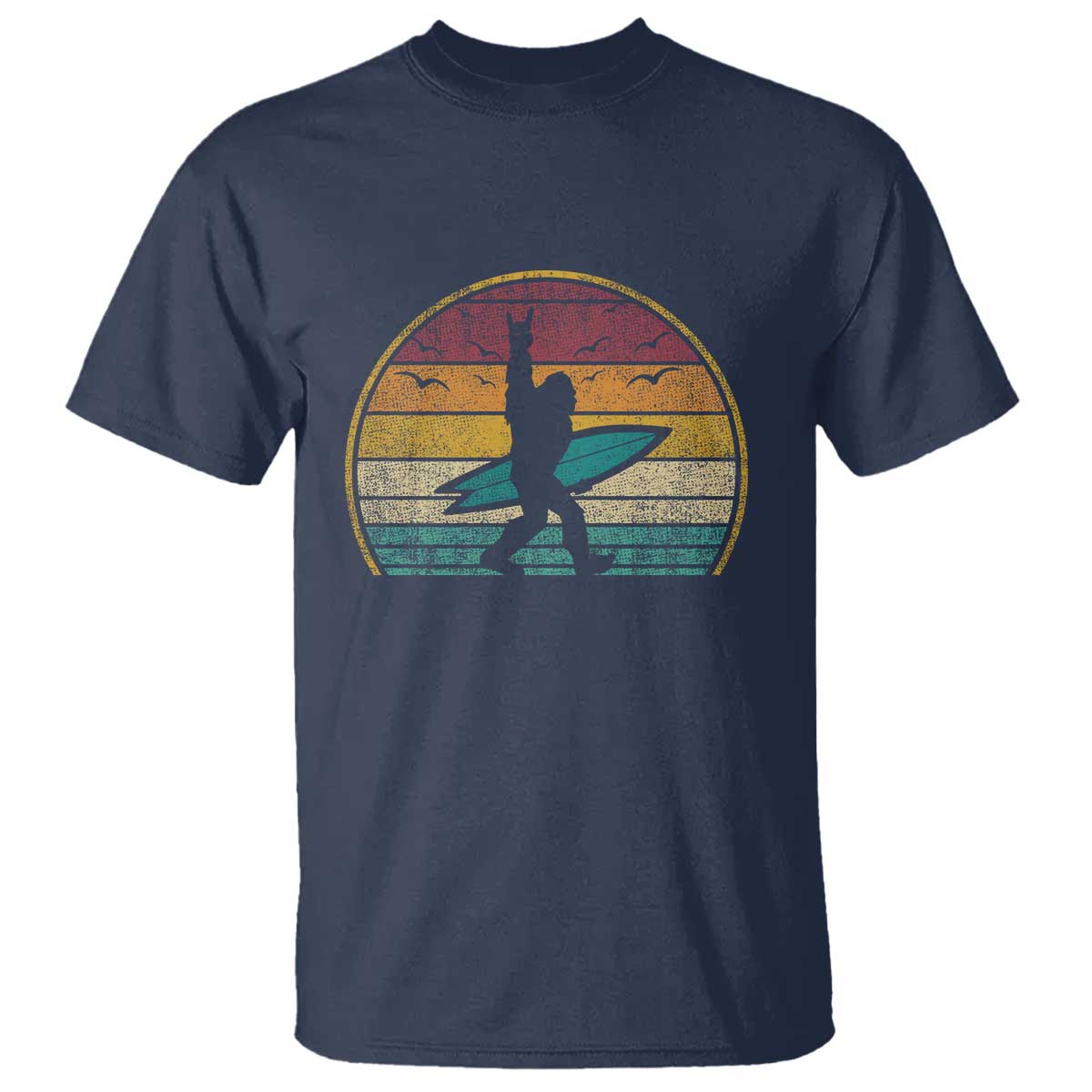Vintage Bigfoot Surfing T Shirt Sasquatch Beach Vacation Retro Surf Sun Shaka TS10 Navy Print Your Wear