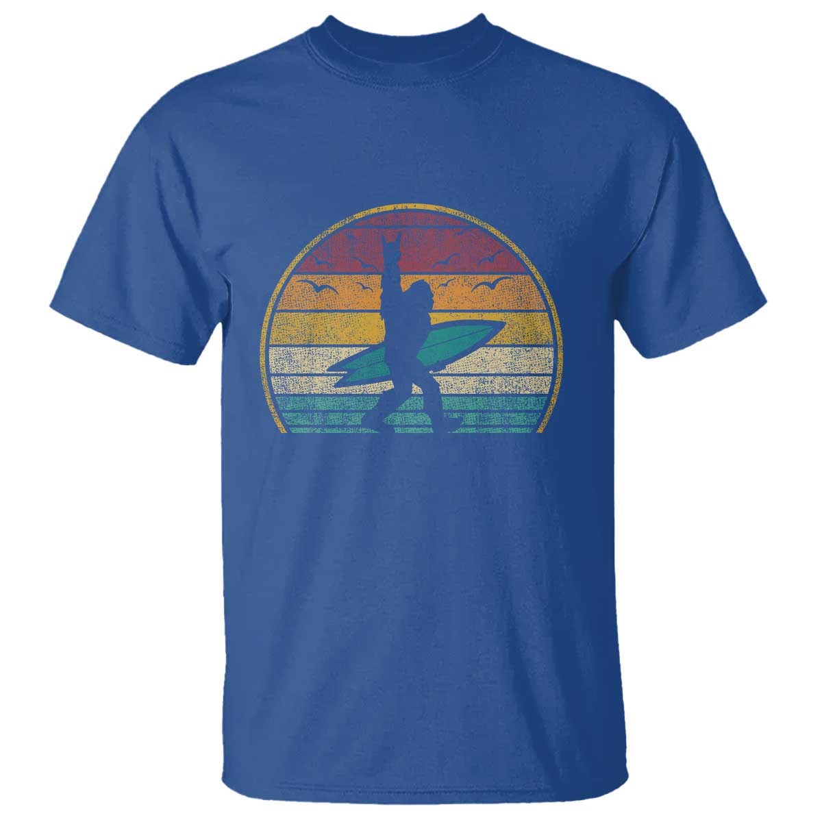 Vintage Bigfoot Surfing T Shirt Sasquatch Beach Vacation Retro Surf Sun Shaka TS10 Royal Blue Print Your Wear