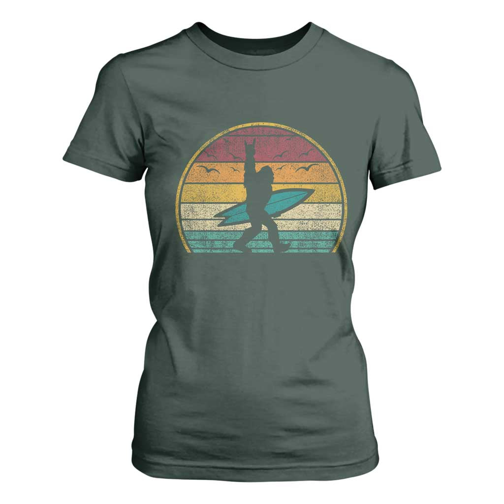 Vintage Bigfoot Surfing T Shirt For Women Sasquatch Beach Vacation Retro Surf Sun Shaka TS10 Dark Forest Green Print Your Wear