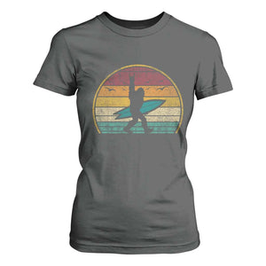 Vintage Bigfoot Surfing T Shirt For Women Sasquatch Beach Vacation Retro Surf Sun Shaka TS10 Dark Heather Print Your Wear