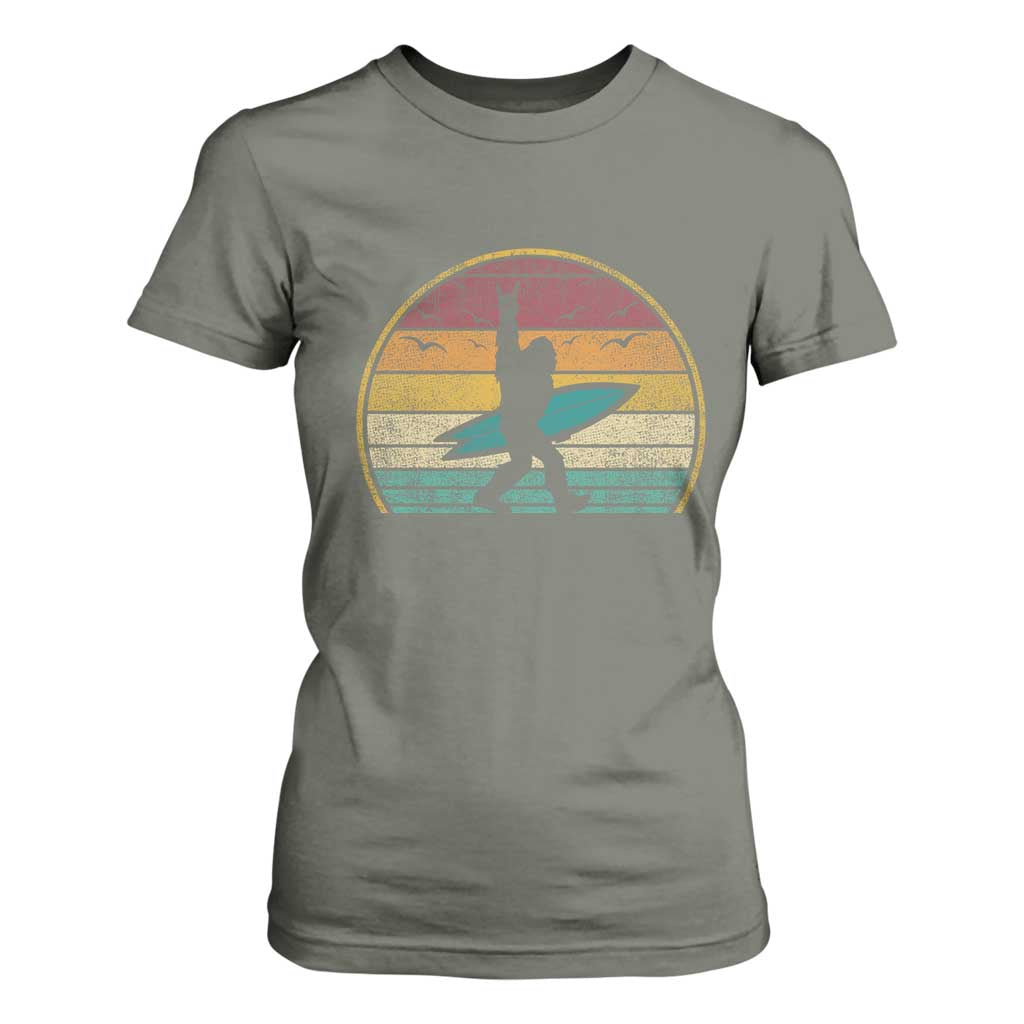Vintage Bigfoot Surfing T Shirt For Women Sasquatch Beach Vacation Retro Surf Sun Shaka TS10 Military Green Print Your Wear