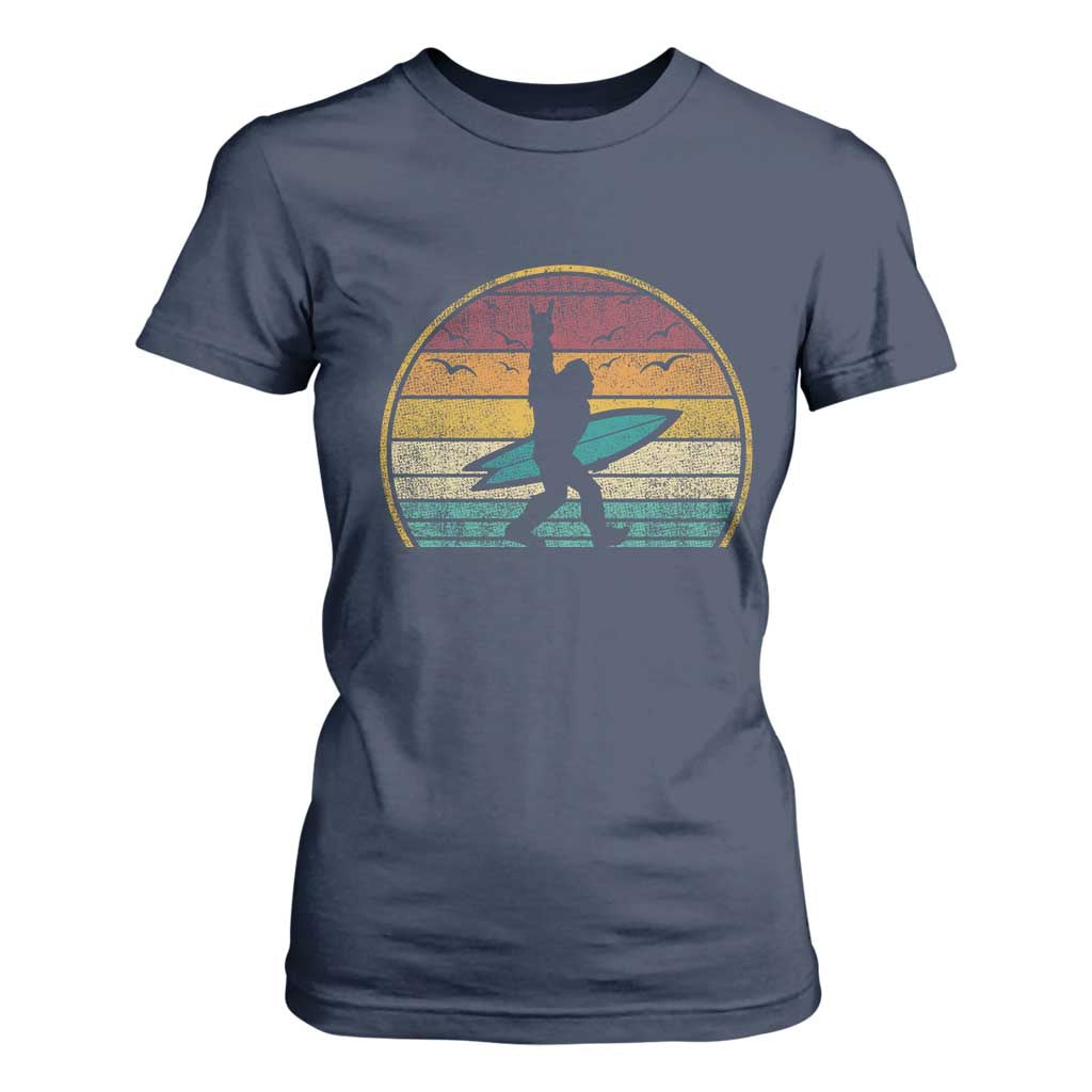 Vintage Bigfoot Surfing T Shirt For Women Sasquatch Beach Vacation Retro Surf Sun Shaka TS10 Navy Print Your Wear