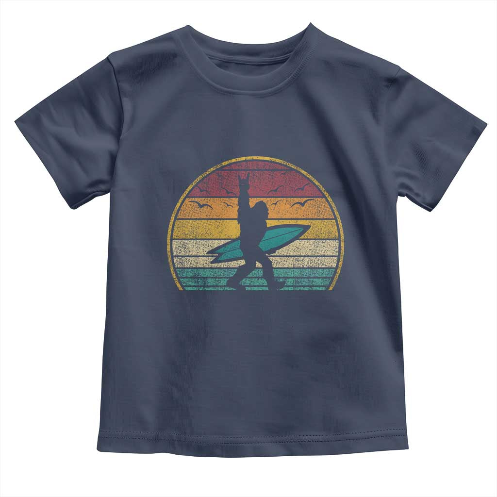 Vintage Bigfoot Surfing Toddler T Shirt Sasquatch Beach Vacation Retro Surf Sun Shaka TS10 Navy Print Your Wear