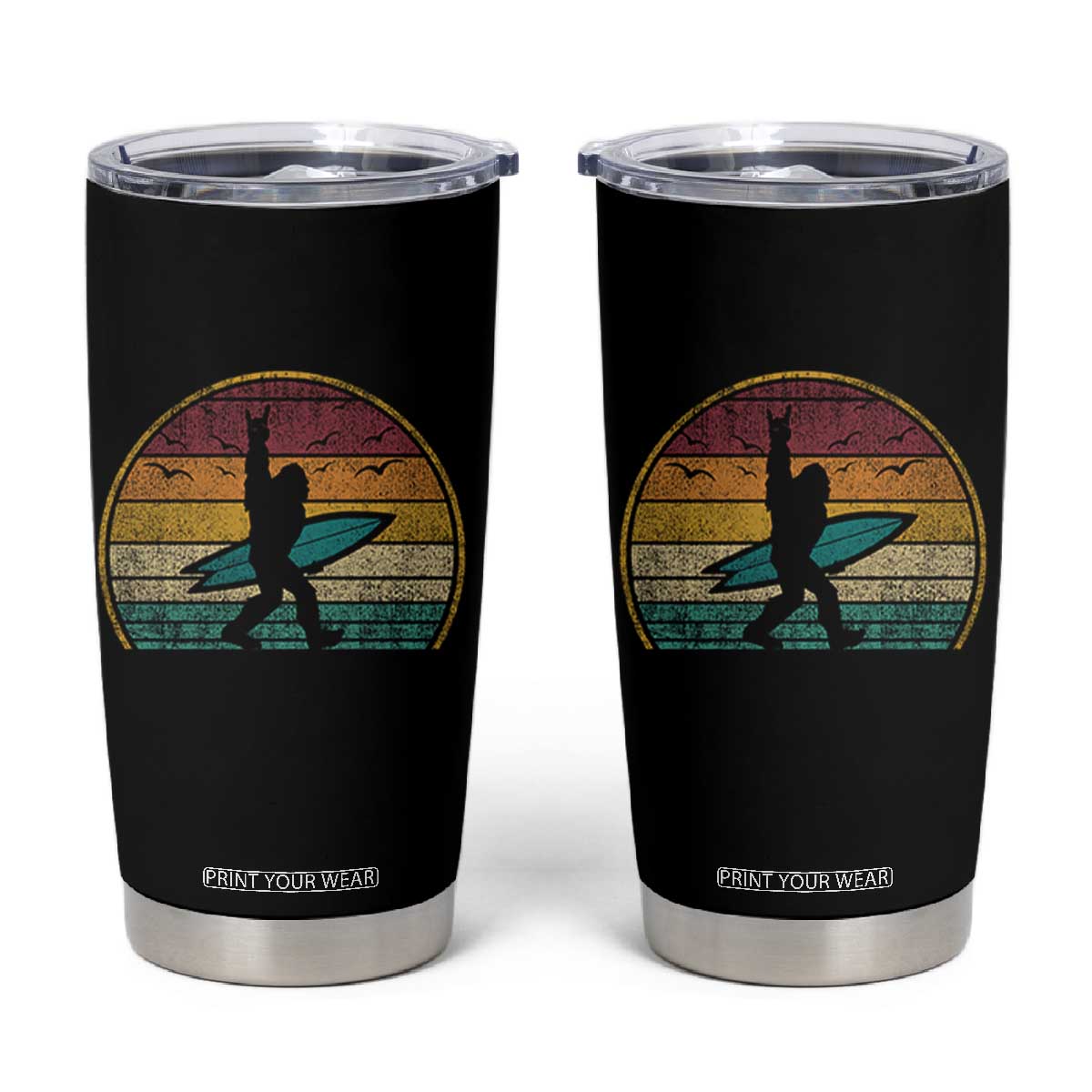 Vintage Bigfoot Surfing Tumbler Cup Sasquatch Beach Vacation Retro Surf Sun Shaka TS10 Black Print Your Wear