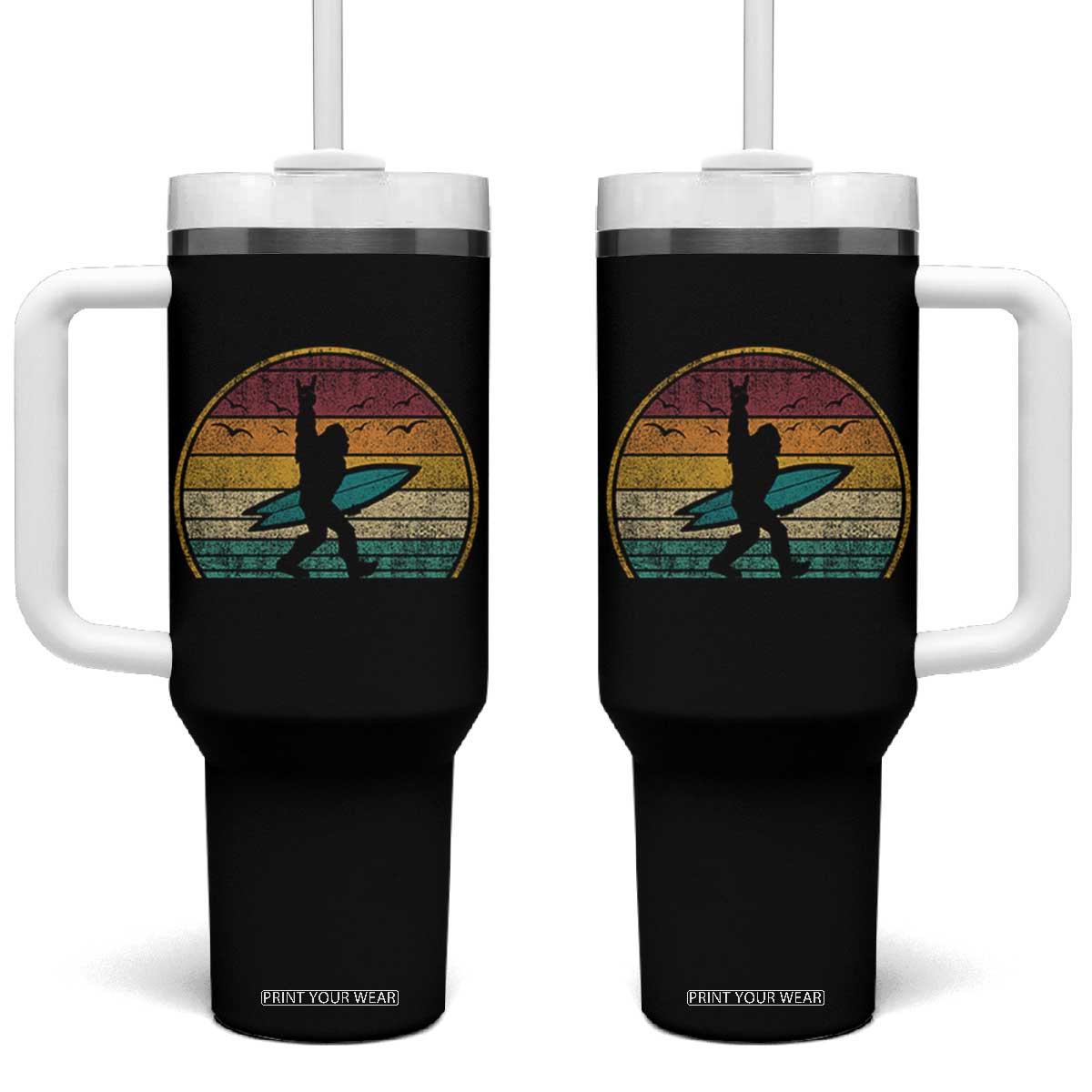 Vintage Bigfoot Surfing Tumbler With Handle Sasquatch Beach Vacation Retro Surf Sun Shaka TS10 One Size: 40 oz Black Print Your Wear