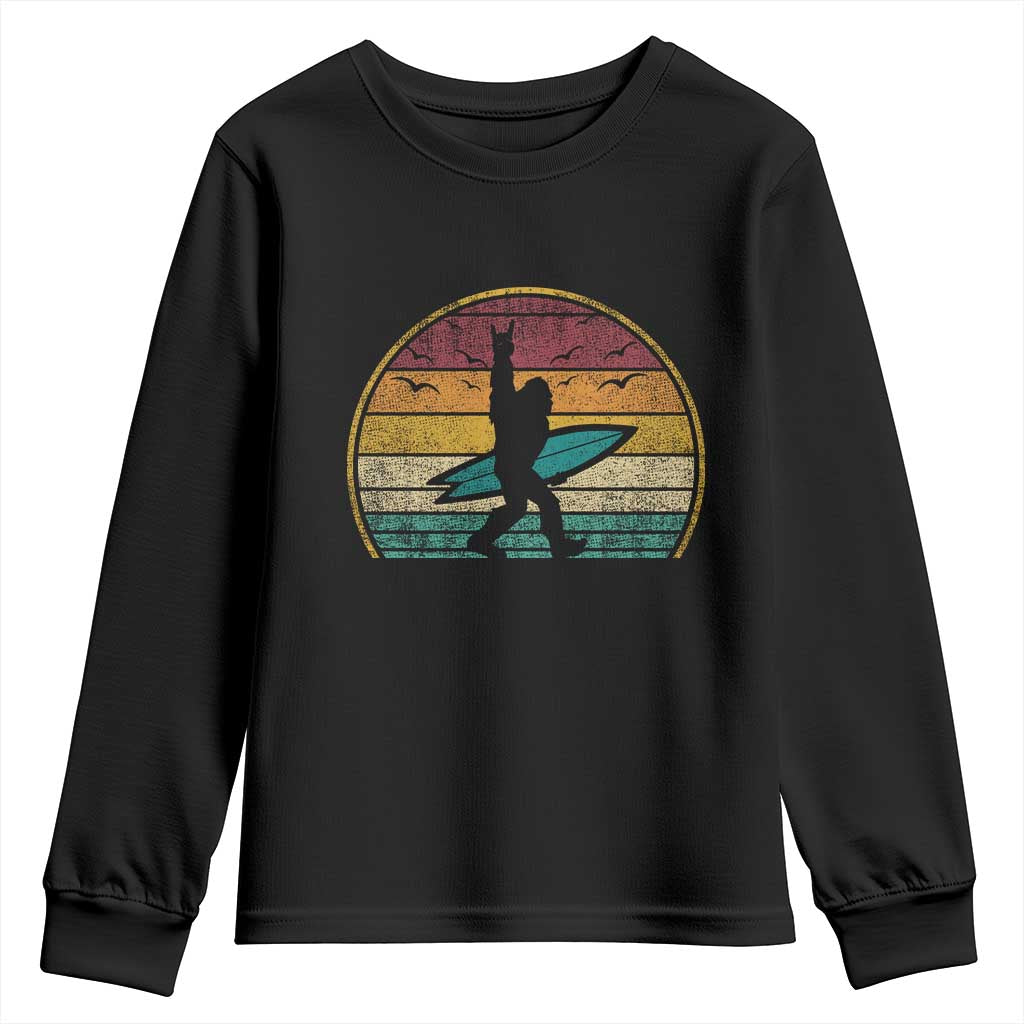 Vintage Bigfoot Surfing Youth Sweatshirt Sasquatch Beach Vacation Retro Surf Sun Shaka TS10 Black Print Your Wear