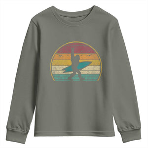 Vintage Bigfoot Surfing Youth Sweatshirt Sasquatch Beach Vacation Retro Surf Sun Shaka TS10 Military Green Print Your Wear