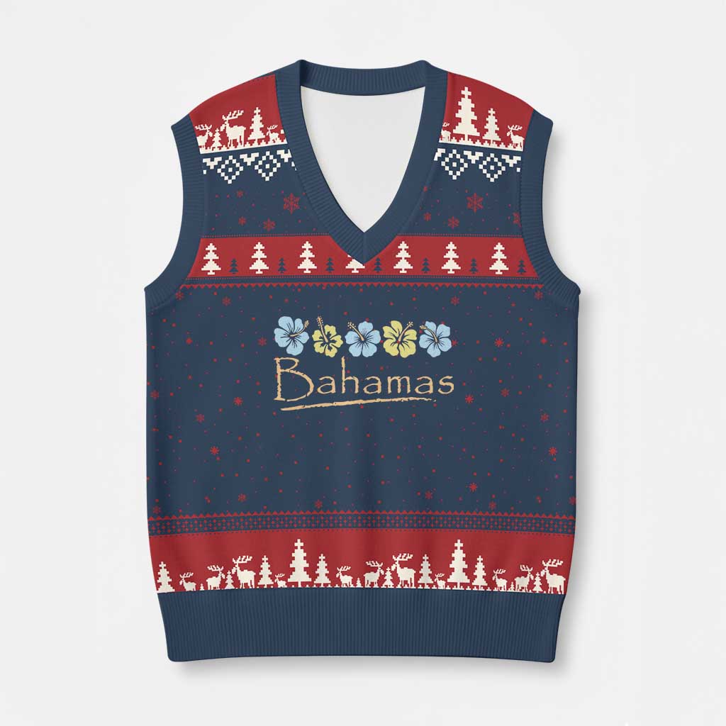 Bahamas V-Neck Knit Sweater Vest Hibiscus Flower Summer Beachy Vacation TS10 Navy Red Print Your Wear