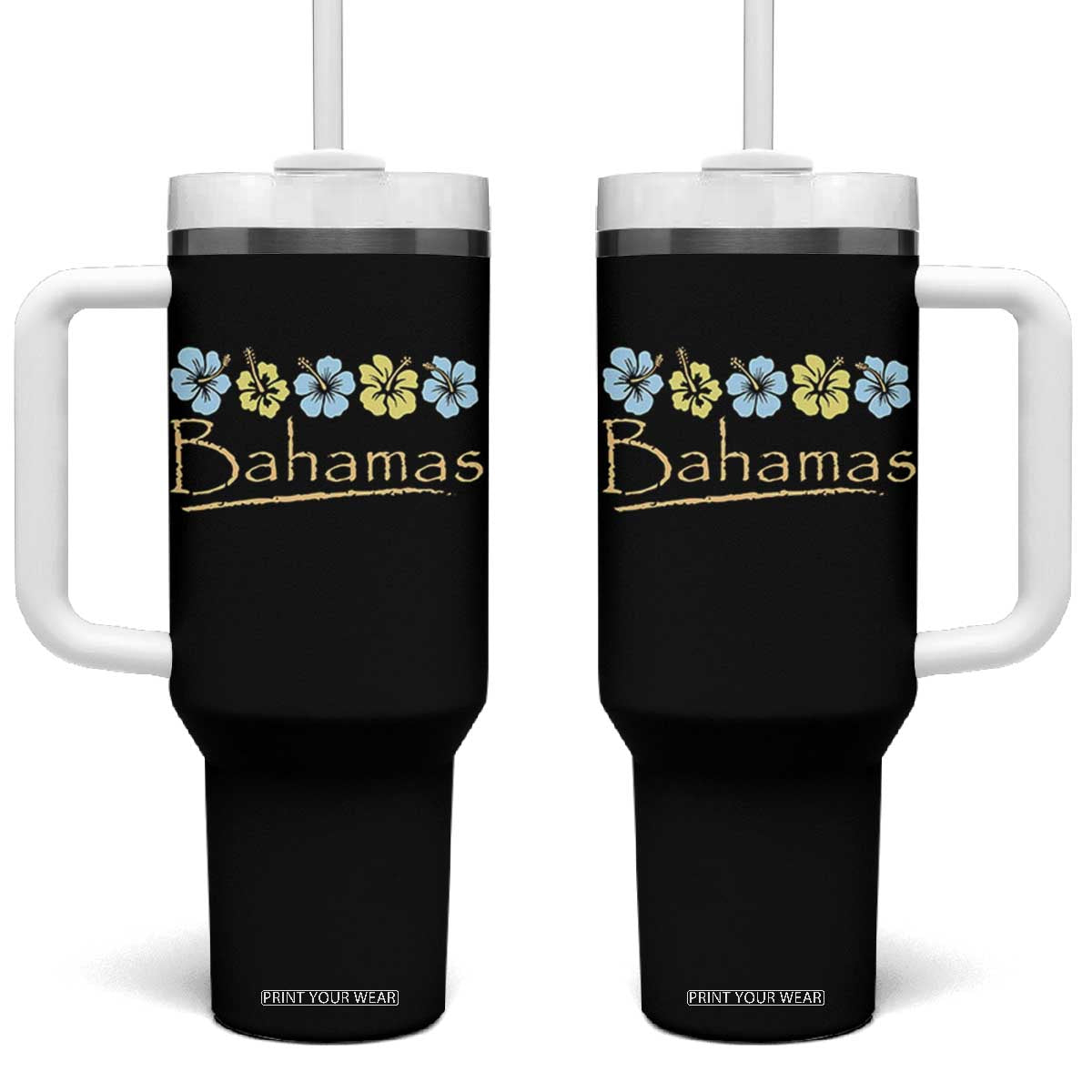 Bahamas Tumbler With Handle Hibiscus Flower Summer Beachy Vacation TS10 One Size: 40 oz Black Print Your Wear