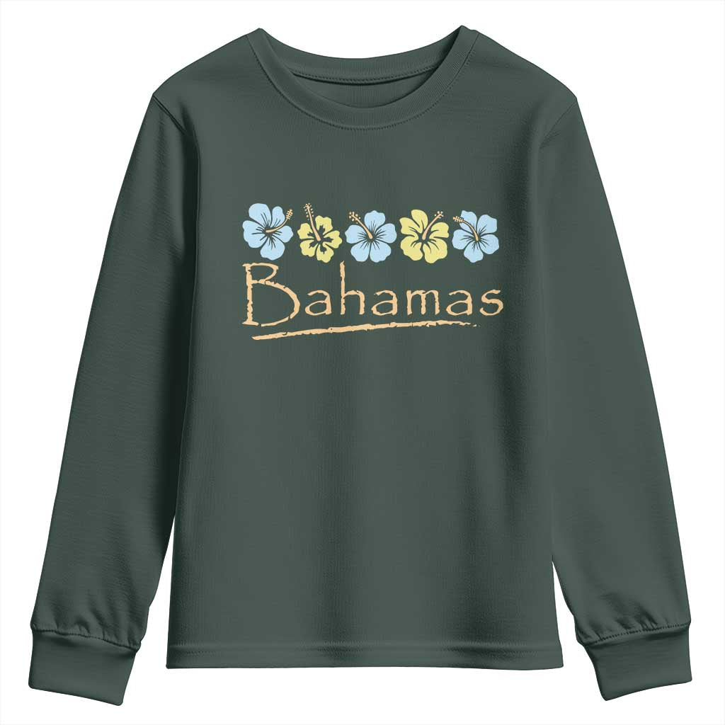 Bahamas Youth Sweatshirt Hibiscus Flower Summer Beachy Vacation TS10 Dark Forest Green Print Your Wear