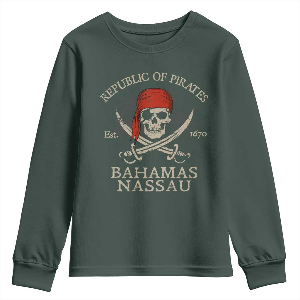 Republic Of Pirates Nassau Bahamas Youth Sweatshirt Vintage Caribbean Summer Vacation TS10 Dark Forest Green Print Your Wear