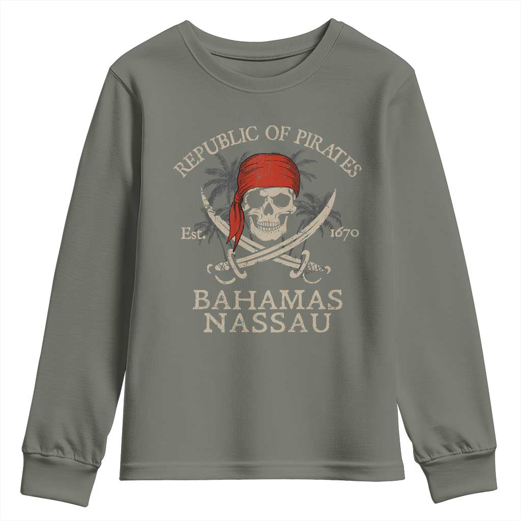 Republic Of Pirates Nassau Bahamas Youth Sweatshirt Vintage Caribbean Summer Vacation TS10 Military Green Print Your Wear