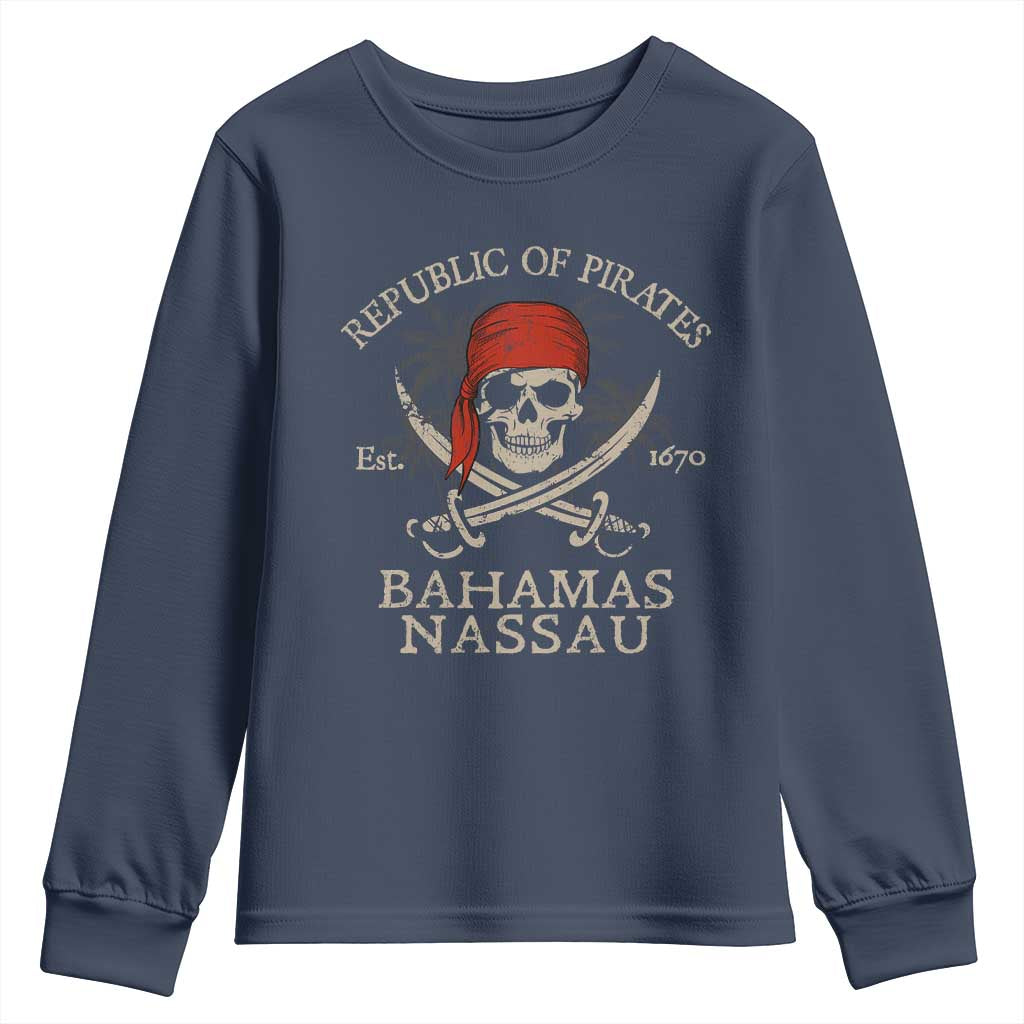 Republic Of Pirates Nassau Bahamas Youth Sweatshirt Vintage Caribbean Summer Vacation TS10 Navy Print Your Wear