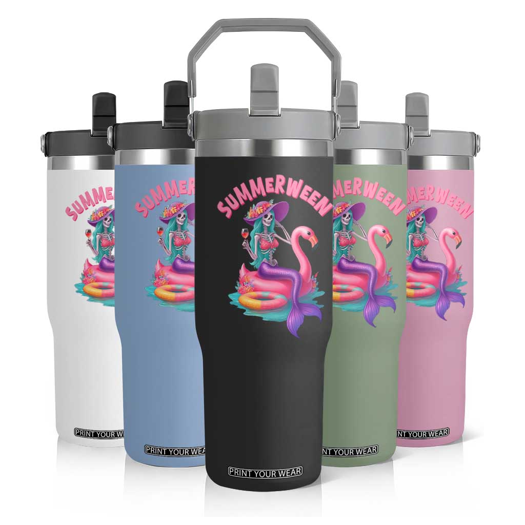 Summerween Mermaid Skeleton Flip Straw Tumbler Beach Flamingo Halloween Girl TS10 Print Your Wear