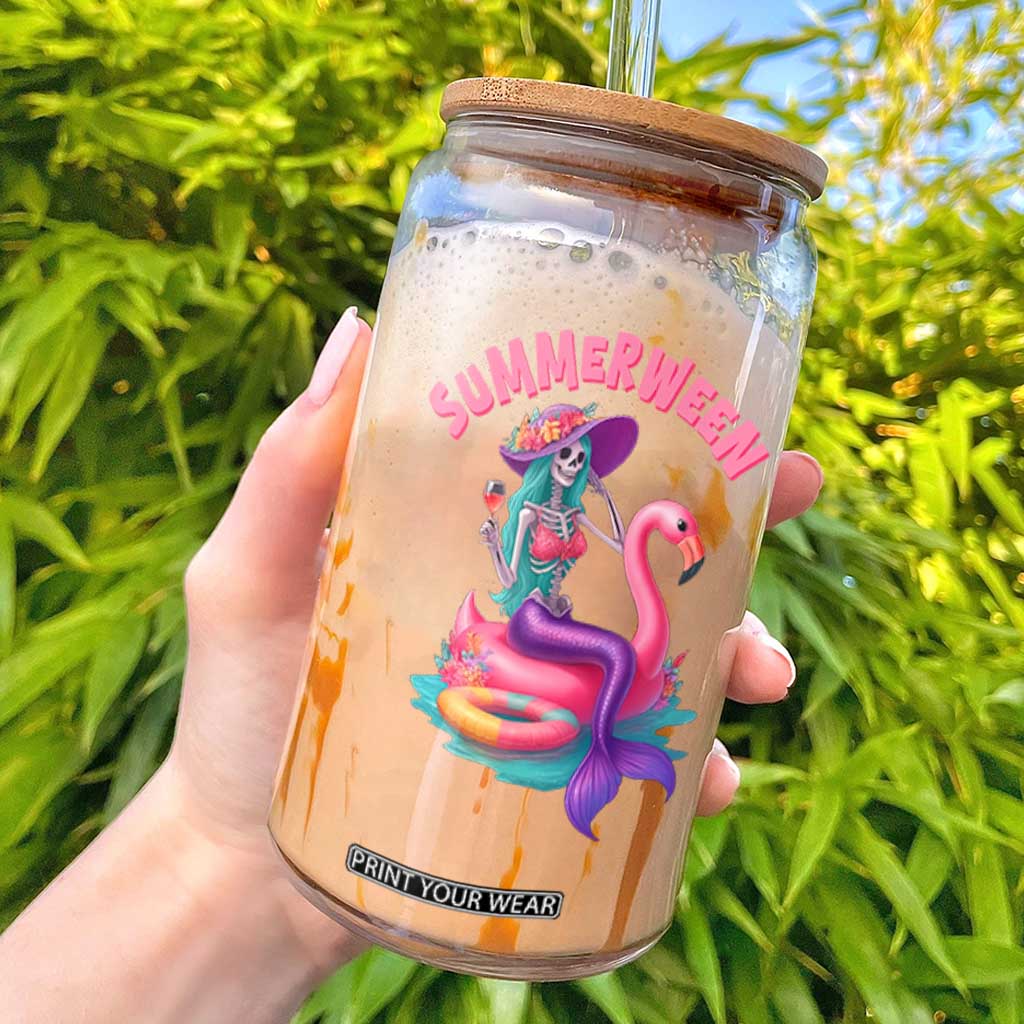 Summerween Mermaid Skeleton Glass Can Beach Flamingo Halloween Girl TS10 Black Print Your Wear