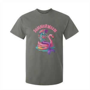 Summerween Mermaid Skeleton T Shirt For Kid Beach Flamingo Halloween Girl TS10 Military Green Print Your Wear