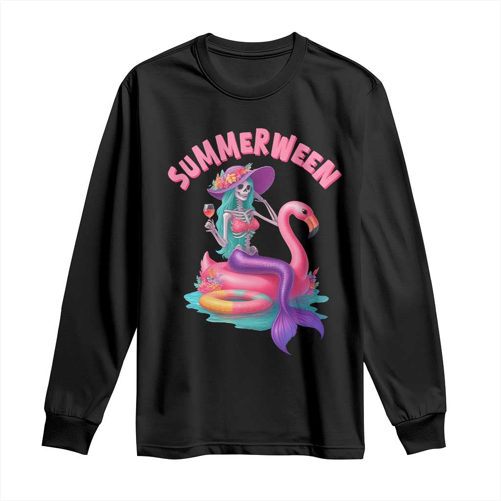 Summerween Mermaid Skeleton Long Sleeve Shirt Beach Flamingo Halloween Girl TS10 Black Print Your Wear