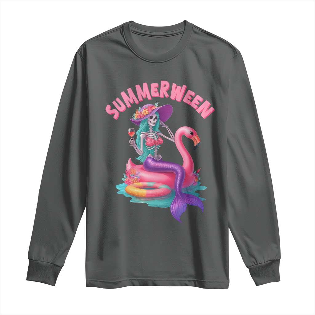 Summerween Mermaid Skeleton Long Sleeve Shirt Beach Flamingo Halloween Girl TS10 Dark Heather Print Your Wear