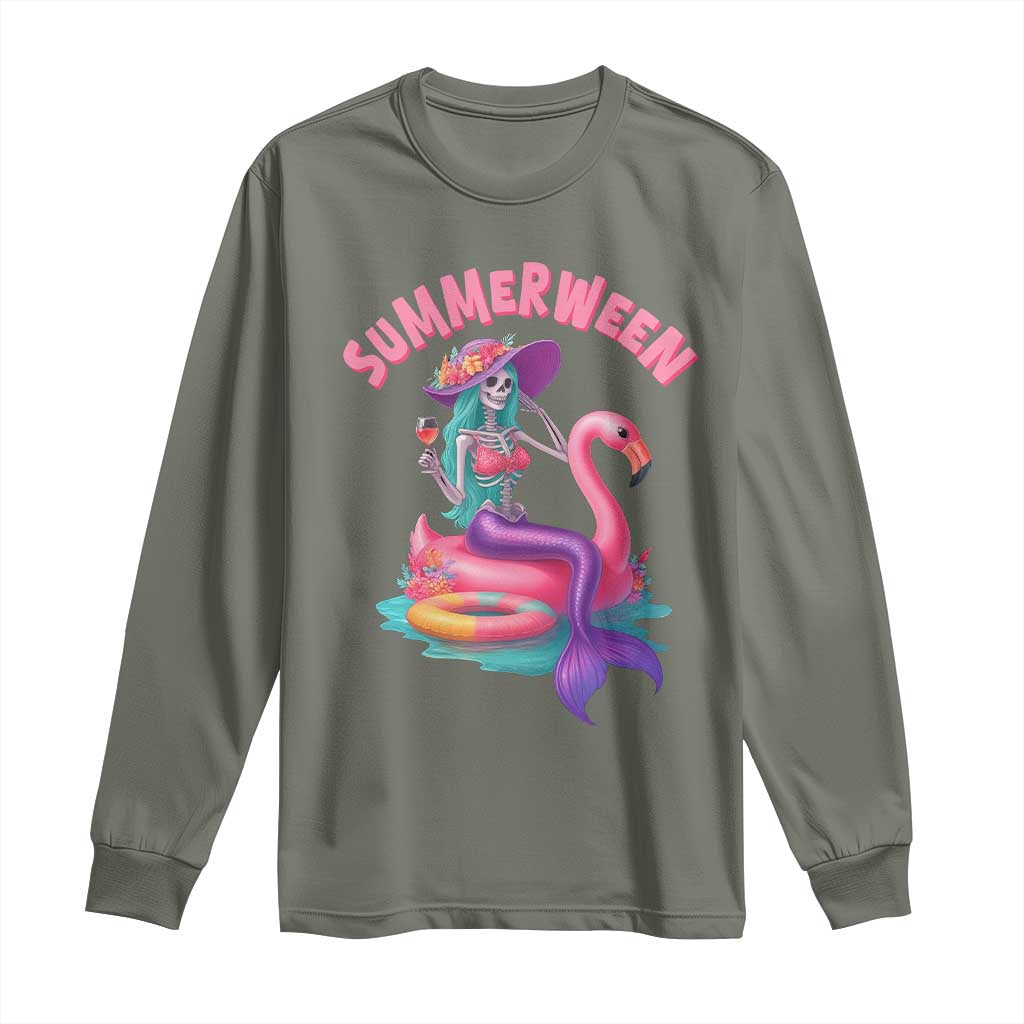 Summerween Mermaid Skeleton Long Sleeve Shirt Beach Flamingo Halloween Girl TS10 Military Green Print Your Wear