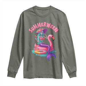 Summerween Mermaid Skeleton Long Sleeve Shirt Beach Flamingo Halloween Girl TS10 Military Green Print Your Wear