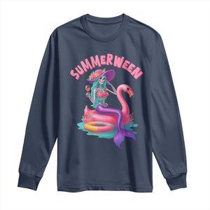 Summerween Mermaid Skeleton Long Sleeve Shirt Beach Flamingo Halloween Girl TS10 Navy Print Your Wear