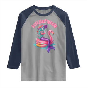 Summerween Mermaid Skeleton Raglan Shirt Beach Flamingo Halloween Girl TS10 Sport Gray Navy Print Your Wear