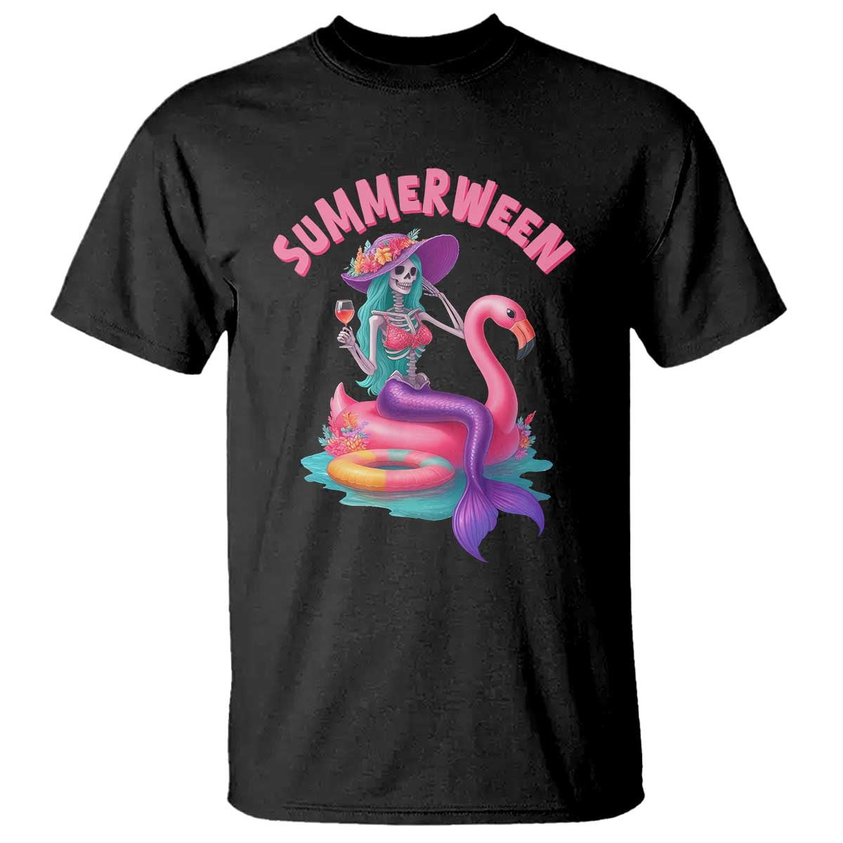 Summerween Mermaid Skeleton T Shirt Beach Flamingo Halloween Girl TS10 Black Print Your Wear