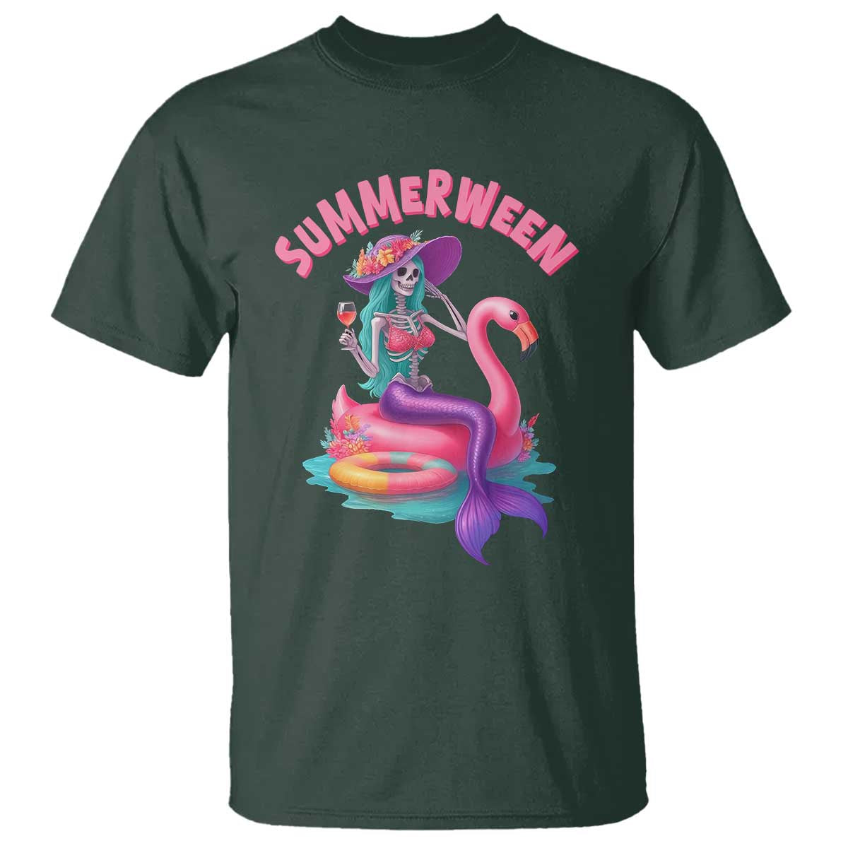 Summerween Mermaid Skeleton T Shirt Beach Flamingo Halloween Girl TS10 Dark Forest Green Print Your Wear