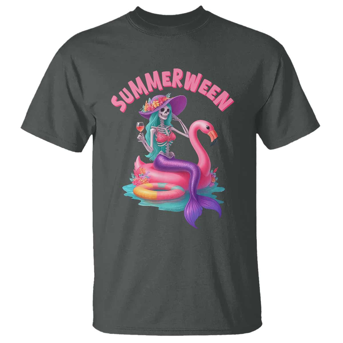 Summerween Mermaid Skeleton T Shirt Beach Flamingo Halloween Girl TS10 Dark Heather Print Your Wear