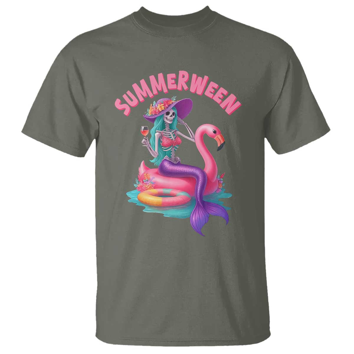 Summerween Mermaid Skeleton T Shirt Beach Flamingo Halloween Girl TS10 Military Green Print Your Wear