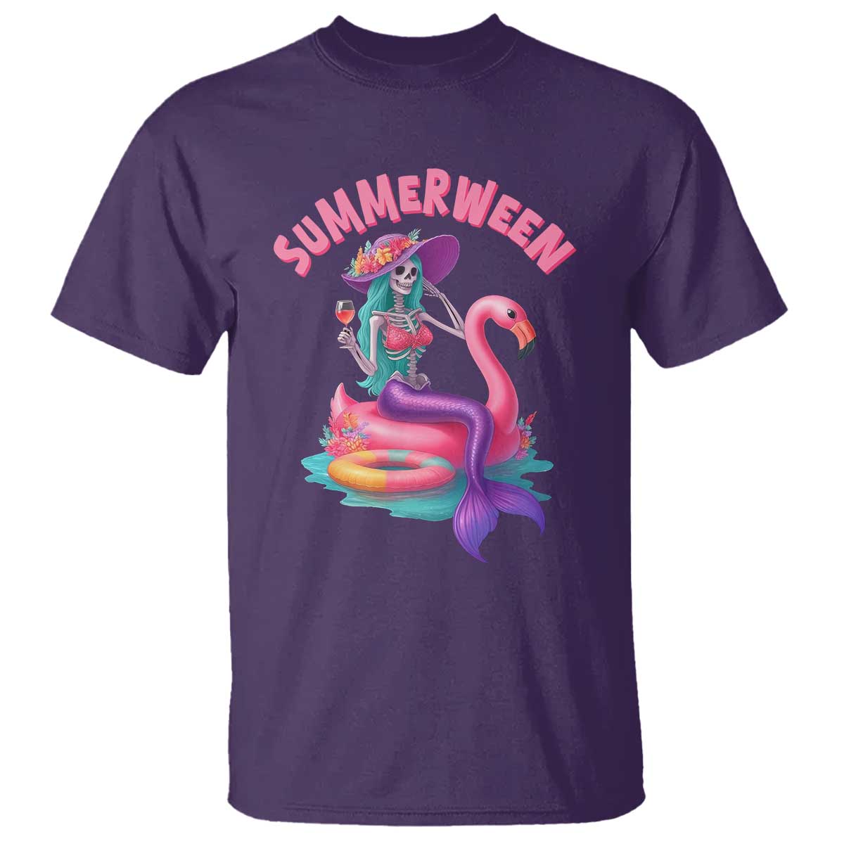 Summerween Mermaid Skeleton T Shirt Beach Flamingo Halloween Girl TS10 Purple Print Your Wear