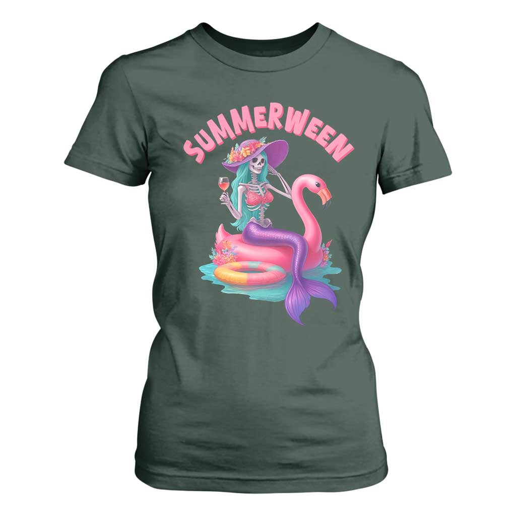 Summerween Mermaid Skeleton T Shirt For Women Beach Flamingo Halloween Girl TS10 Dark Forest Green Print Your Wear