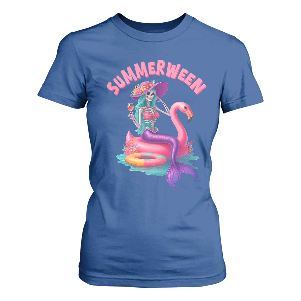 Summerween Mermaid Skeleton T Shirt For Women Beach Flamingo Halloween Girl TS10 Royal Blue Print Your Wear